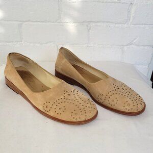 Vintage Joan Helpern Tan Suede Flats with Laser Cut-out Detail Size 7
